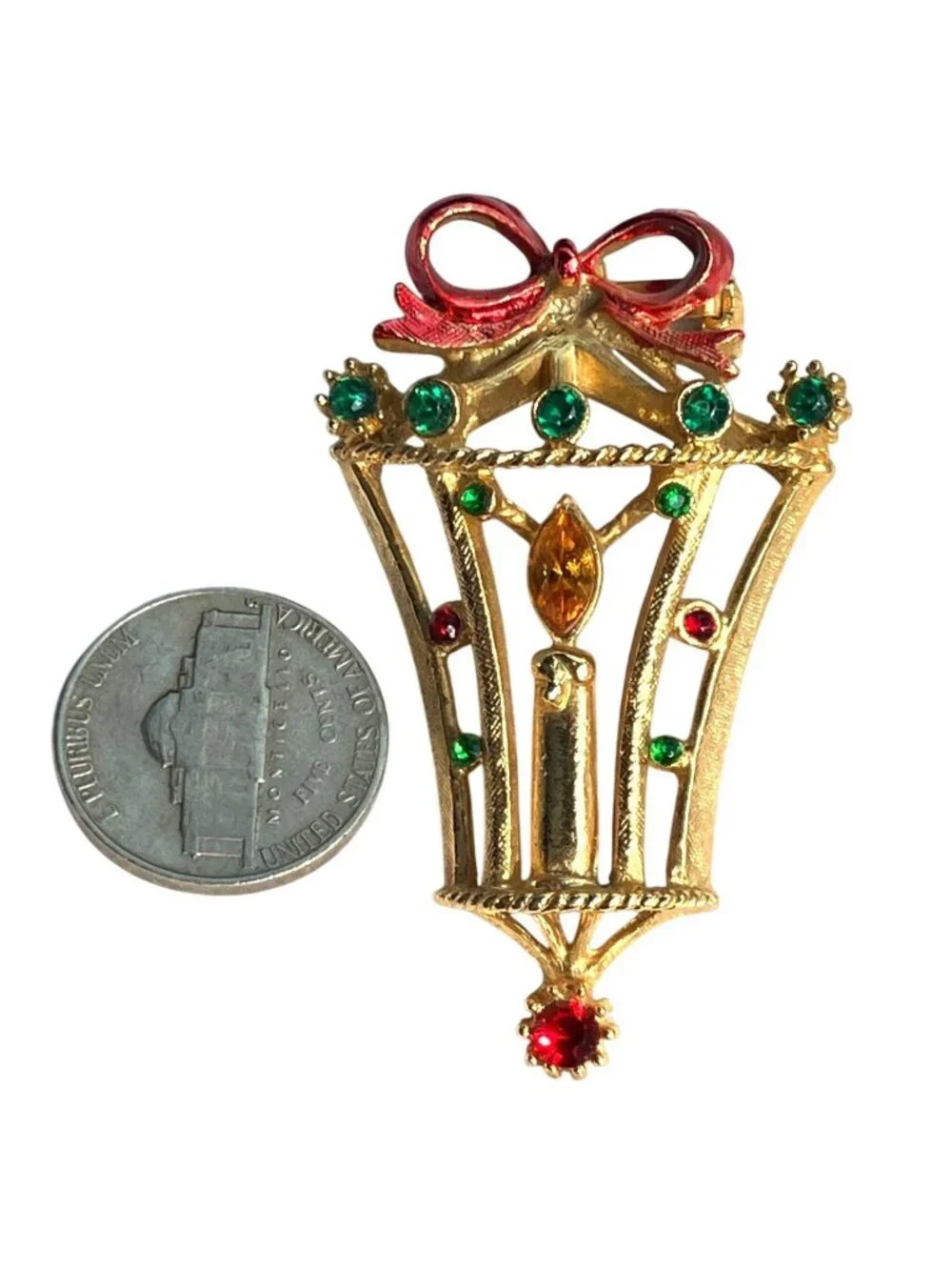 Gold-Tone Christmas Candle Lantern Brooch Pin Signed B.J. Vintage